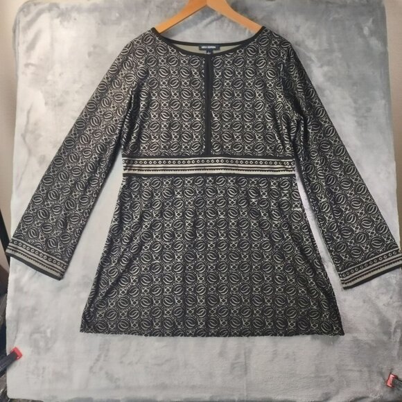 Black & Tan Geometric Pattern Long Sleeve Dress By Max Edition L Babydoll Office - Picture 1 of 11